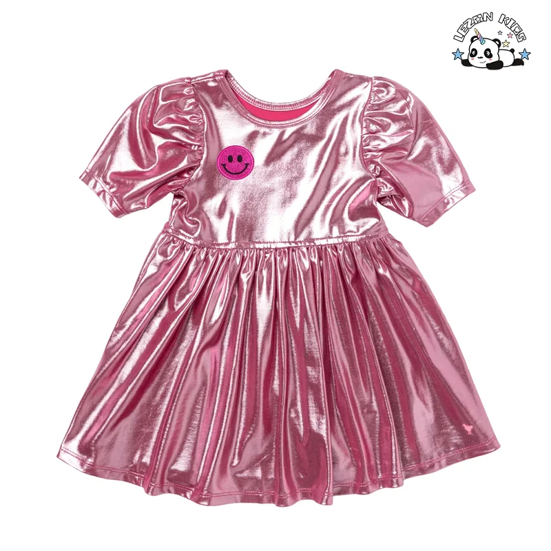 LEZONKIDS - Fashion Style Metallic Dress Girls Cute Short Sleeve Kids Party Dress for Girls